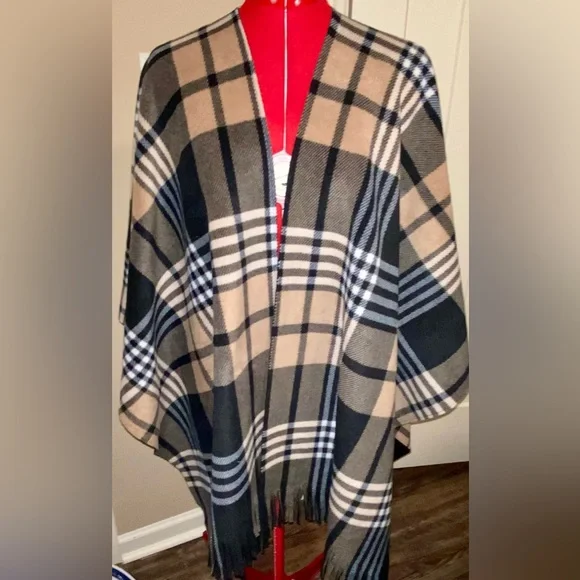 RACHEL ROY SHAWL SCARF PLAID EXTRA THICK WINTER COAT FRINGED WARM BLACK TAN